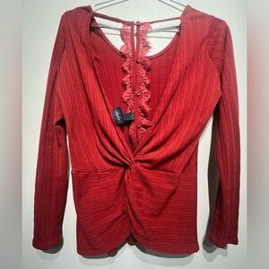 Daytrip Red Open Twist Back with Lace Button Detail Long Sleeve Top Size S
